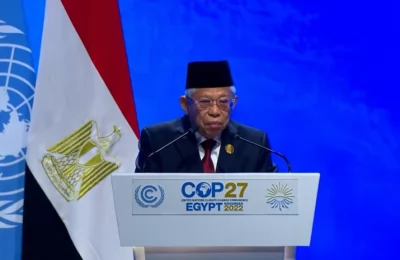 KH. Ma'ruf Amin mewakili Presiden Joko Widodo memberikan pernyataan nasional (national statement) pada Konferensi Tingkat Tinggi Conference of The Parties 27 (KTT COP27) di Sharm El-Sheikh, Mesir. (Twitter/@Kiyai_MarufAmin)