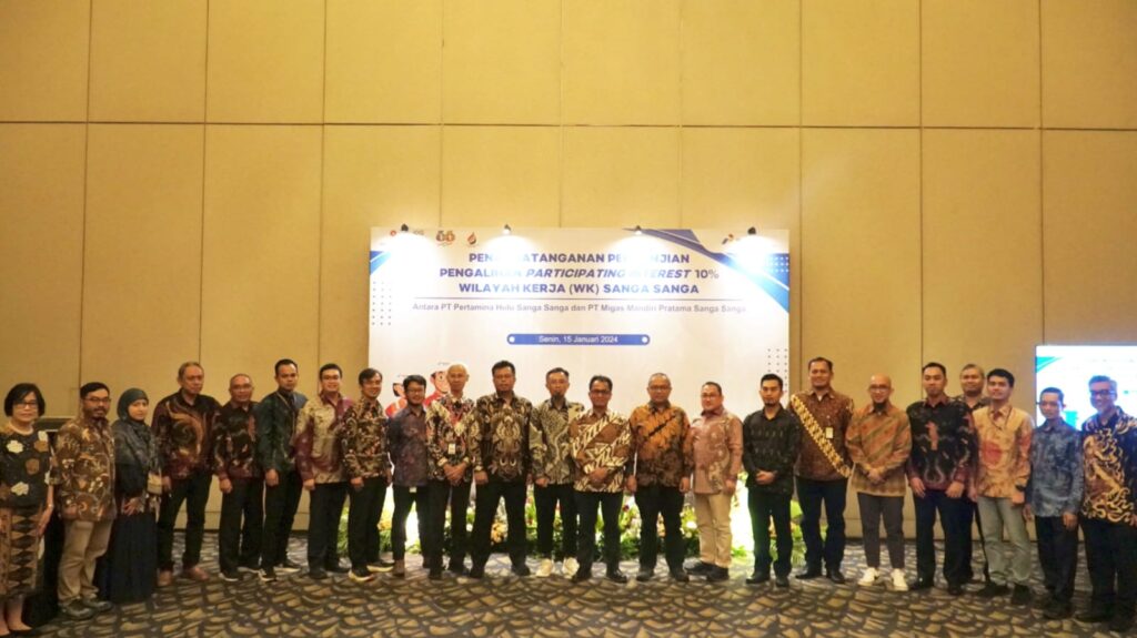 Penandatanganan Perjanjian Pengalihan dan Pengelolaan 10 persen Participating Interest (PI) Wilayah Kerja (WK) Sanga Sanga. (Ist)