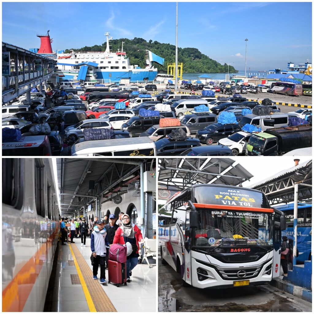 Ilustrasi pengguna angkutan umum periode libur Lebaran 2024 pada moda kereta api, bus, dan kapal. (Ist)