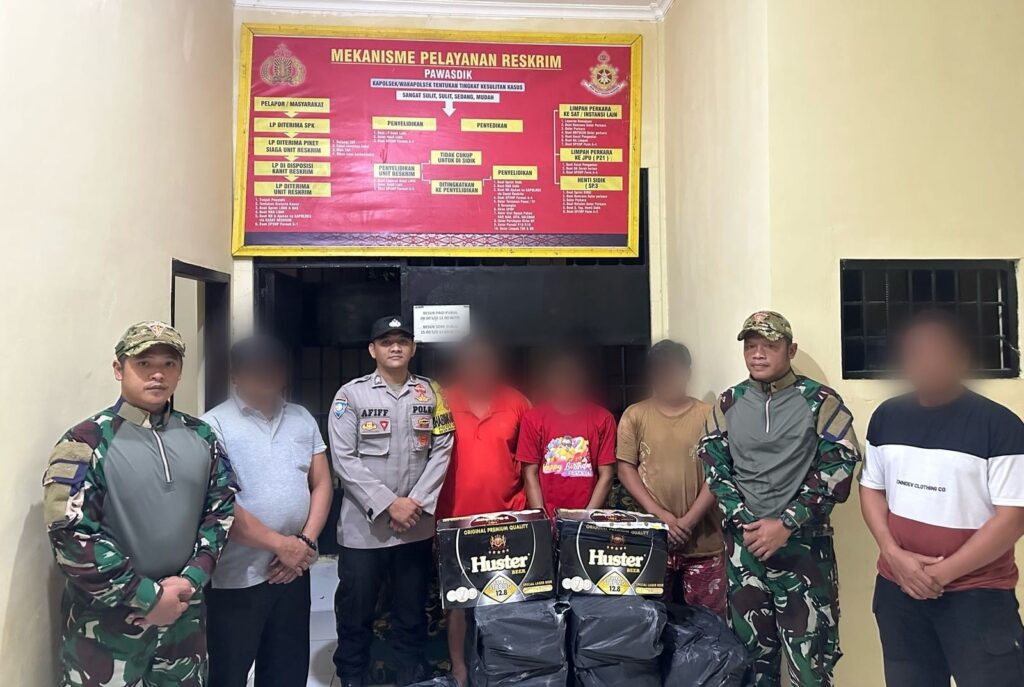 Satgas TNI-Polri Gagalkan Penyelundupan 15 Dus/360 Kaleng Miras Ilegal Asal Malaysia. (Ist)
