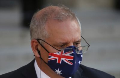 PM Australia Scott Morrison di Istana Elysee, Paris, Prancis, 15 Juni 2021. (AP Photo/Rafael Yaghobzadeh)