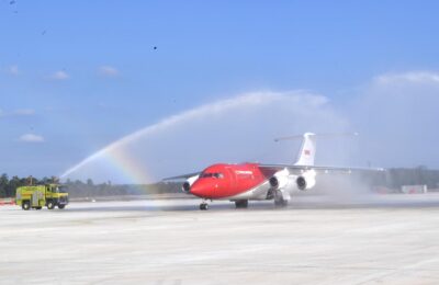 Pendaratan perdana pesawat kepresidenan di Bandara VVIP Ibu Kota Nusantara. (Ist)